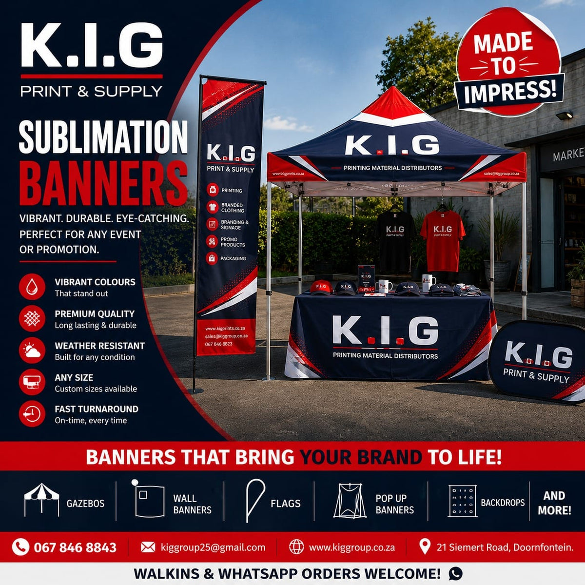 K.I.G Print & Supply branded gazebo, banner, flag and table setup