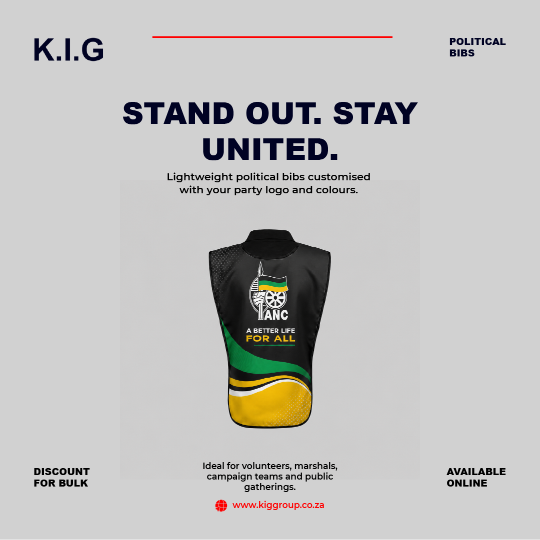 Order professional ANC bib printing for campaigns, rallies, events, and volunteer teams. KIG Group provides high-quality custom printed bibs with nationwide delivery.