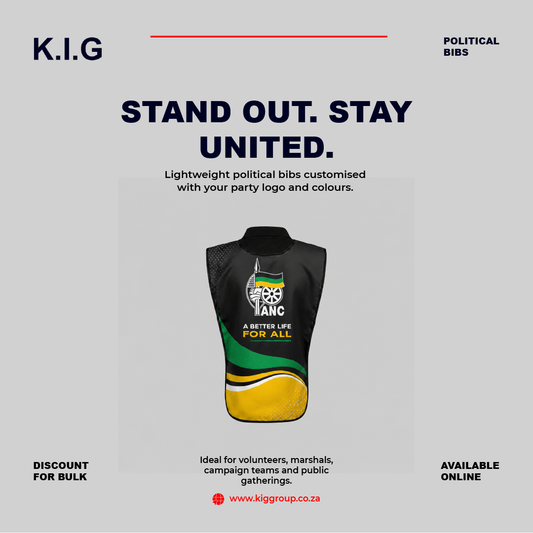 Order professional ANC bib printing for campaigns, rallies, events, and volunteer teams. KIG Group provides high-quality custom printed bibs with nationwide delivery.